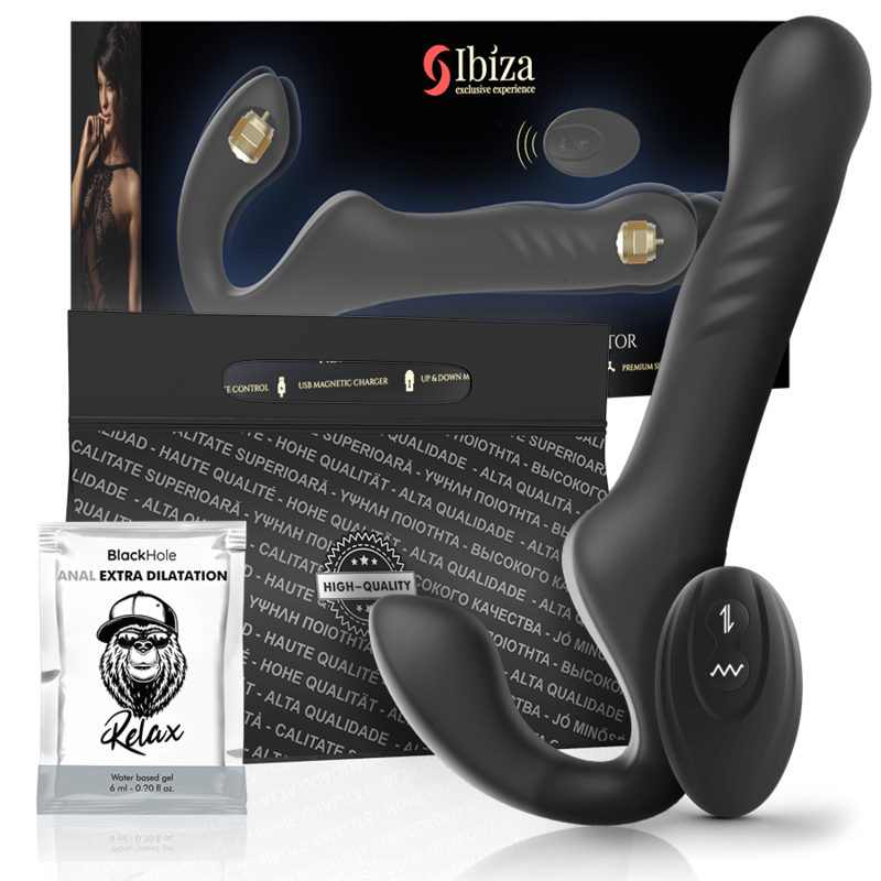 IBIZA strapless vibrator with remote control, black and gold finish, featuring silicone design and 500 vibration modes