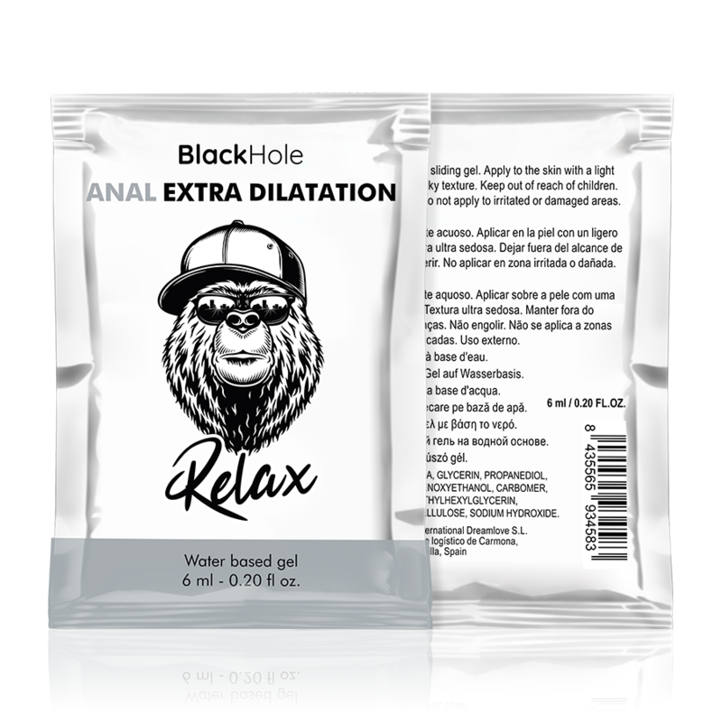 BlackHole Anal Extra Dilatation water-based gel 6ml packet with gorilla mascot wearing a cap labeled 'Relax'.