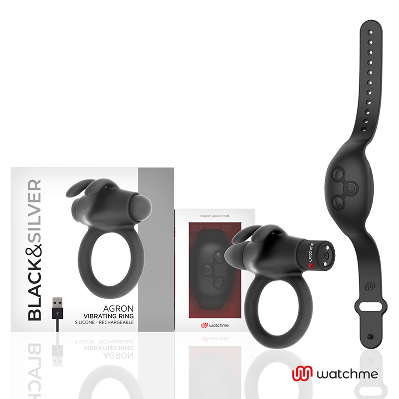 Black & Silver AGRON remote control vibrating cockring set with packaging and USB charger, made from silky-smooth medical silicone.