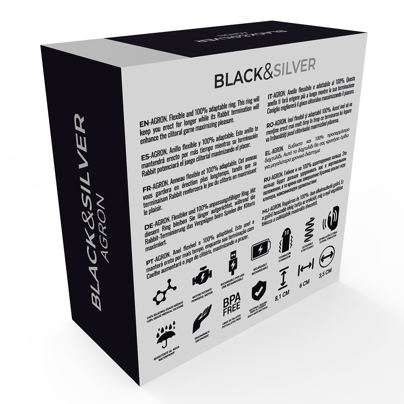 BLACK&SILVER AGRON Remote Control Cockring packaging with product details and icons.