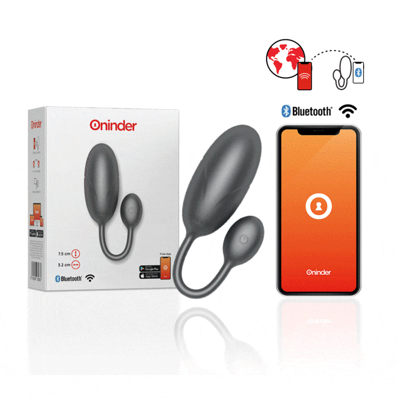 ONINDER Tokyo vibrating egg with Bluetooth connectivity and control app, designed for couples. Compact size 7.5 x 3.2 cm.