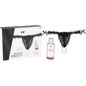 INTT Brazilian black panty with pearls and strawberry lubricant gel pack, featuring sensual lace lingerie and stimulating pearls.
