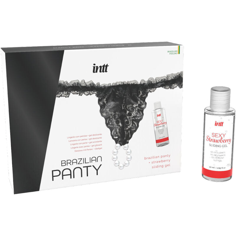INTT Brazilian Black Panty with Pearls and Strawberry Lubricant Gel 50ml Set