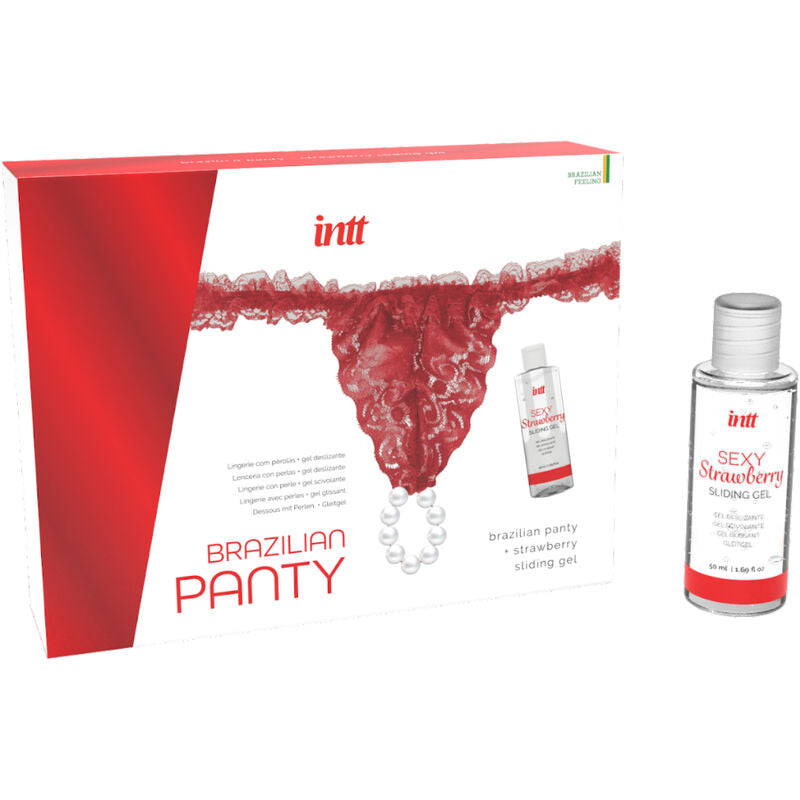 INTT Brazilian Panty Red with Pearls and Strawberry Gel 50ml Pack - Erotic Lingerie Set with Lubricating Gel