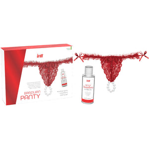 INTT Brazilian red panty with pearls and strawberry gel pack, featuring sensual lace lingerie and water-based lubricant.