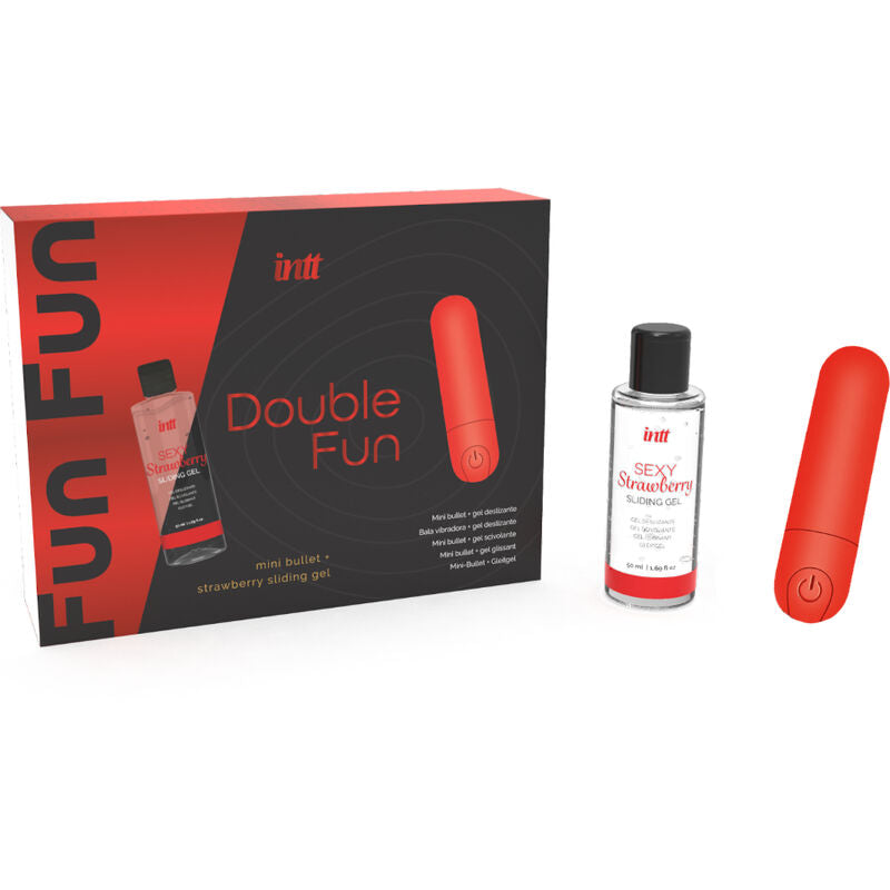 INTT Double Fun Kit featuring a red vibrating bullet and strawberry massage gel, ideal for personal pleasure and couple intimacy.