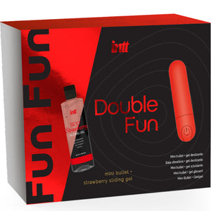 INTT Double Fun Kit packaging with vibrating bullet and strawberry massage gel