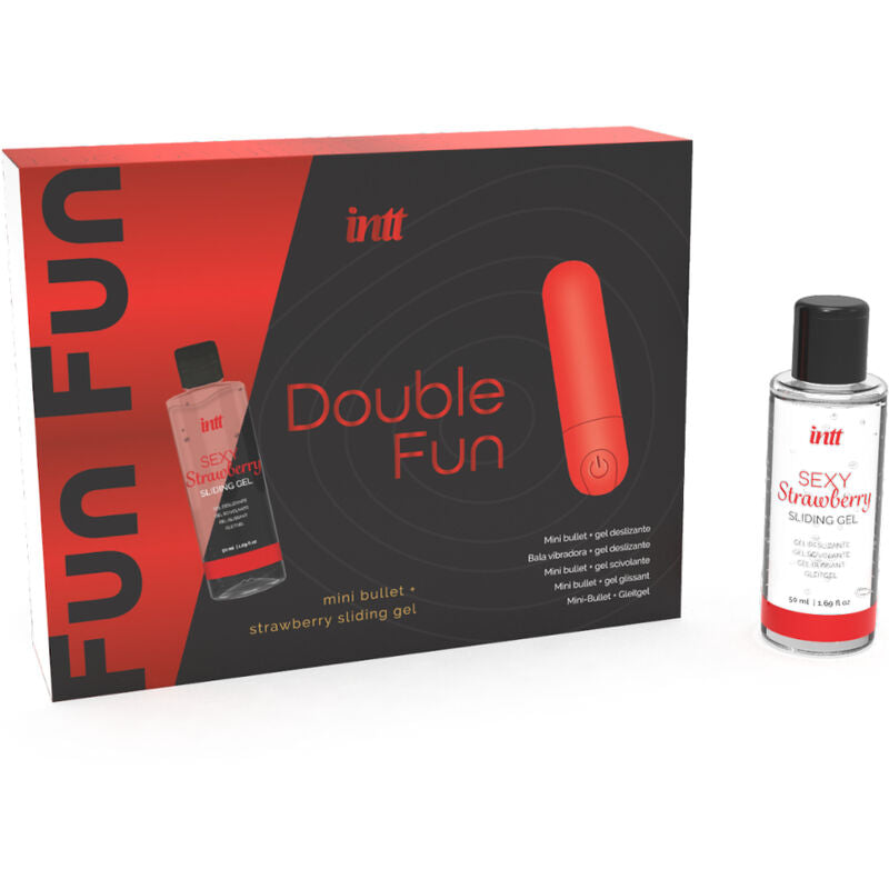 INTT Double Fun Kit with vibrating bullet and strawberry massage gel, ideal for self-pleasure; includes USB rechargeable bullet and gel.