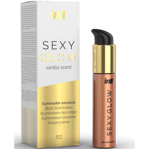 INTT Sexy Glow Illuminating Body Skin Cream with Vanilla Scent, featuring golden microbeads for a sensual glow and skin imperfections correction.