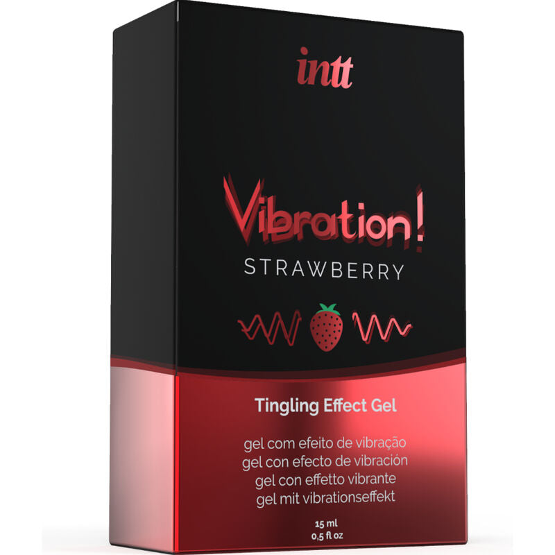 INTT Vibrating Gel Strawberry 15ml packaging, intimate stimulant with tingling vibration effect, red and black design.