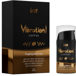 INTT Vibration Coffee Gel packaging, 15ml, with tingling effect for intimate use, enhancing sensations and adding coffee flavor.