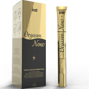 INTT Orgasm Now gel with vibrating applicator, designed for clitoral stimulation, featuring stylish packaging and increased sensitivity.