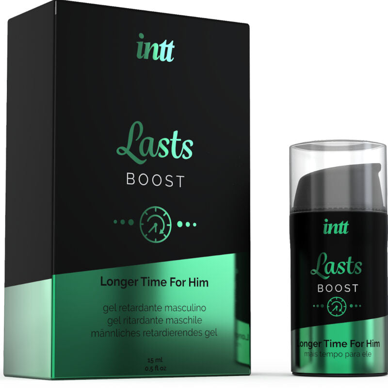 INTT Lasts Boost gel packaging for male ejaculation delay with clove and mint extract for enhanced performance and extended erection.