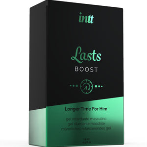 INTT Lasts Boost male ejaculation delayer gel packaging with longer time for him text.