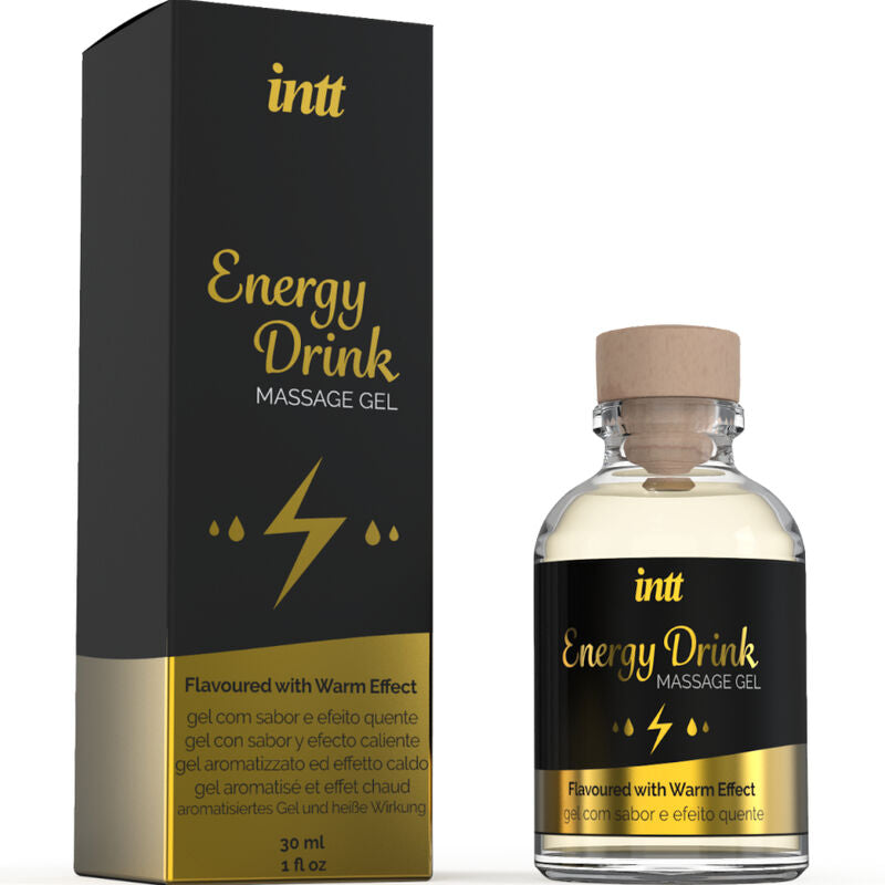 INTT Energy Drink Massage Gel with warm effect, packaged in a 30ml bottle, ideal for sensitive areas and oral sensual massage.