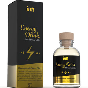 INTT Energy Drink Massage Gel with warm effect, packaged in a 30ml bottle, ideal for sensitive areas and oral sensual massage.