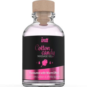 INTT Cotton Candy Massage Gel with heating effect, designed for intimate areas, featuring exotic aroma and flavor.