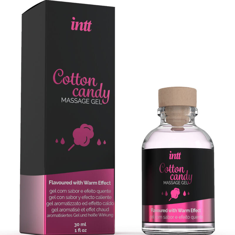 INTT Cotton Candy Massage Gel with Heating Effect, 30ml bottle and box. Ideal for sensitive areas, perfect for oral sex.