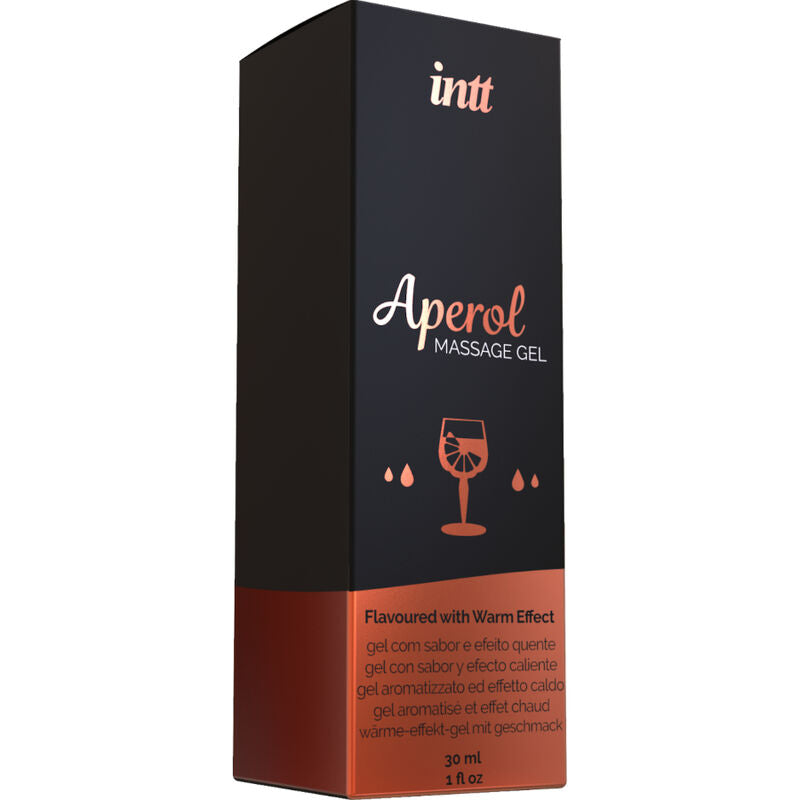 INTT Aperol Massage Gel with intense heat effect; flavored for massage, oral, and intimate moments.