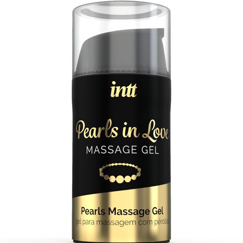 INTT Pearls in Love Massage Gel bottle with elegant black and gold design, featuring pearl necklace image, ideal for body massages.