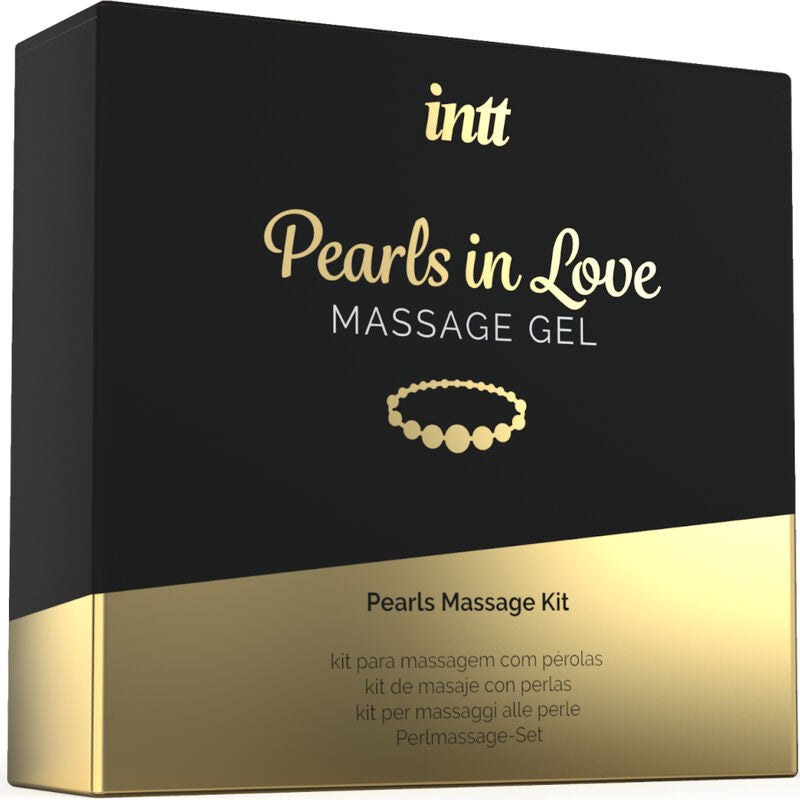 INTT Pearls in Love massage kit packaging with silicone gel and pearl necklace, designed for elegant body massages.
