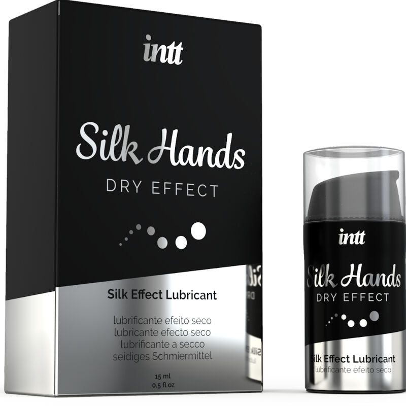 INTT Silk Hands Dry Effect Silicone Lubricant 15ml packaging, concentrated formula for smooth and slippery sensations.