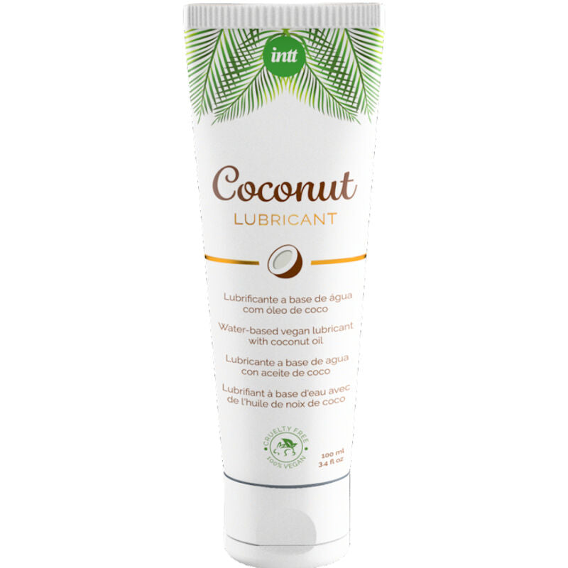 INTT coconut lubricant tube; vegan water-based with coconut oil for smooth, aromatic experience; 3.4 oz packaging.