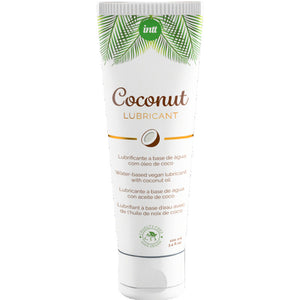 INTT coconut lubricant tube; vegan water-based with coconut oil for smooth, aromatic experience; 3.4 oz packaging.