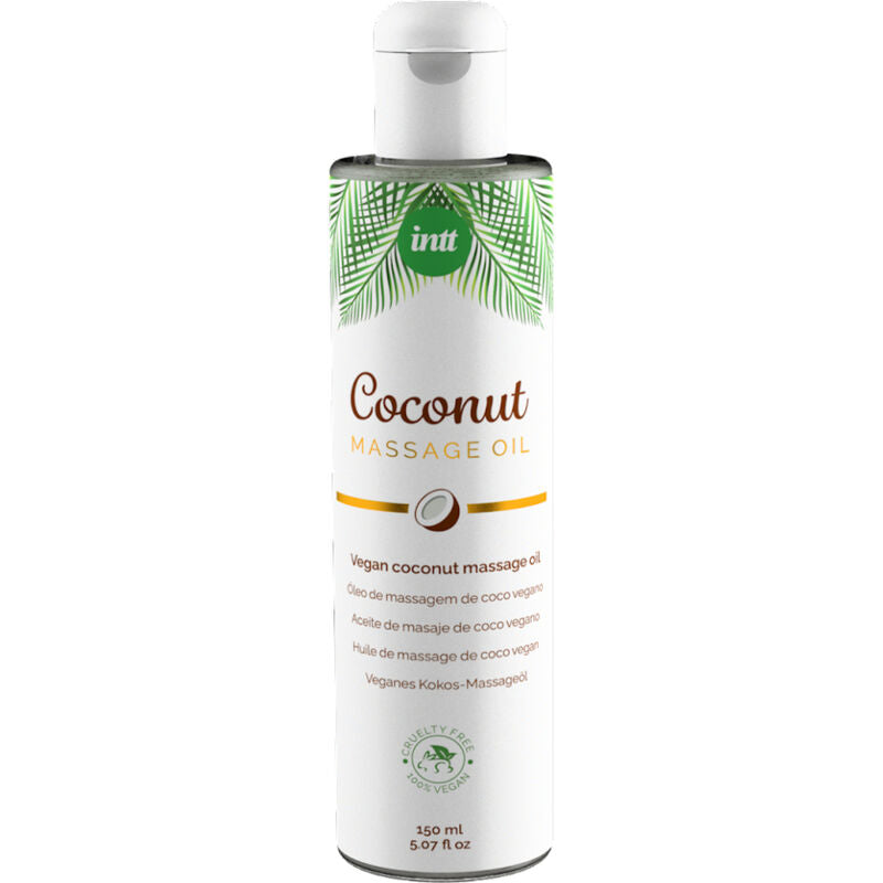 INTT Vegan Coconut Massage Oil with sweet almond and sunflower oils for relaxing massages, 150ml bottle.