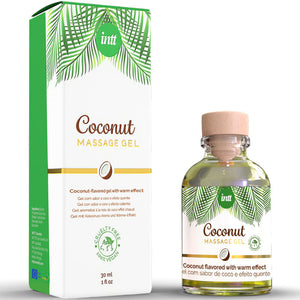 INTT Vegan Coconut Massage Gel with heating effect, 30ml bottle and box, ideal for sensitive areas, vegan-friendly.