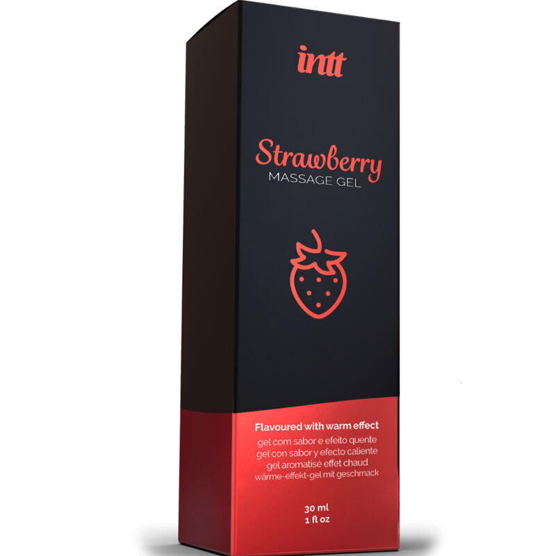 INTT Strawberry Massage Gel with warming effect, 30ml box. Ideal for sensitive areas and oral sex with sweet strawberry flavor.