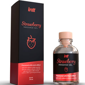 INTT Strawberry Massage Gel bottle and packaging with warm effect, ideal for intimate massage and oral pleasure, 30 ml size.
