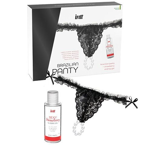 INTT Brazilian Black Panty with Pearls and Strawberry Lubricant Gel 50ml, featuring fine lace and exotic sensual design.