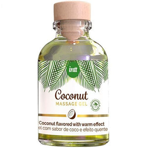 INTT Vegan Massage Gel with Coconut Flavor and Heating Effect in clear bottle with green leaf design