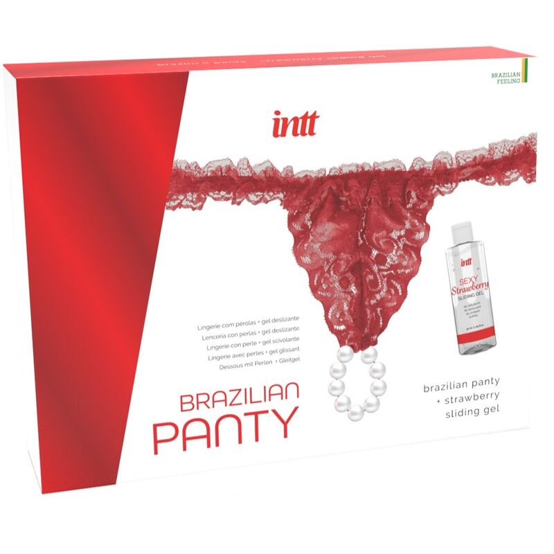INTT Brazilian Red Panty with Pearls and 50ml Strawberry Gel, sophisticated lingerie set in packaging