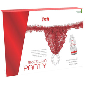 INTT Brazilian Red Panty with Pearls and 50ml Strawberry Gel, sophisticated lingerie set in packaging