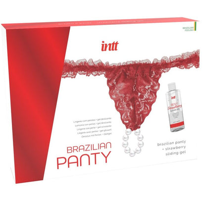 INTT Brazilian Red Panty with Pearls and 50ml Strawberry Gel, sophisticated lingerie set in packaging