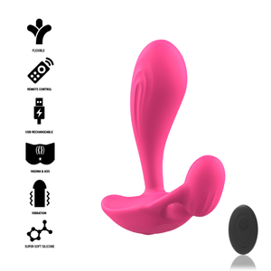 Intense Shelly pink anal plug with remote control for powerful vibrations, USB rechargeable, flexible silicone material.