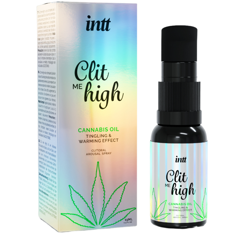 INTT Clit me High Cannabis Oil 15ml with packaging, clitoral arousal spray for enhanced sensitivity and intense sensation.