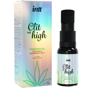 INTT Clit me High Cannabis Oil 15ml with packaging, clitoral arousal spray for enhanced sensitivity and intense sensation.