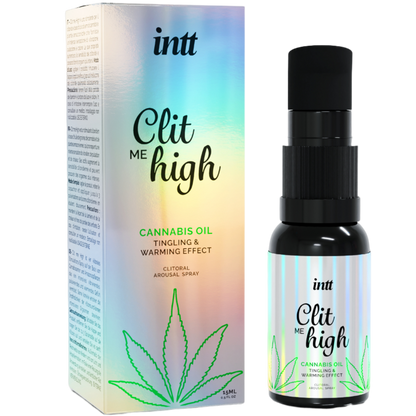 INTT Clit me High Cannabis Oil 15ml with packaging, clitoral arousal spray for enhanced sensitivity and intense sensation.