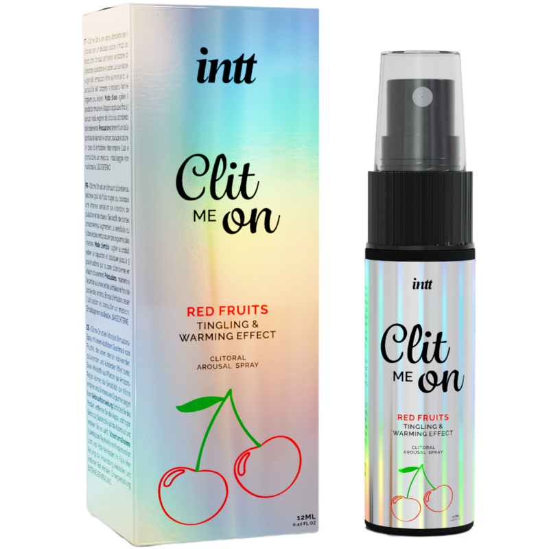 INTT Clit Me On Red Fruits clitoral arousal spray with tingling, warming effects, 12ml bottle and packaging.