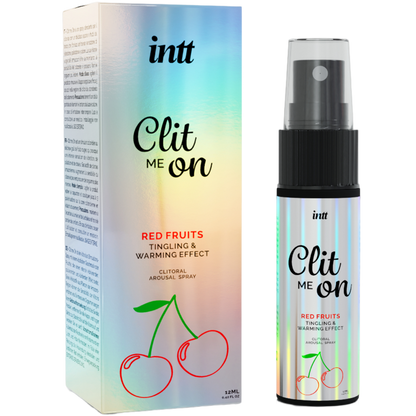 INTT Clit Me On Red Fruits clitoral arousal spray with tingling, warming effects, 12ml bottle and packaging.