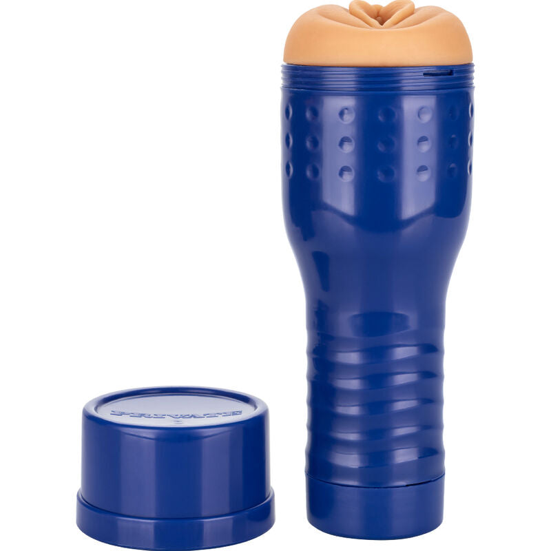 Shona River Pussy Masturbator with realistic texture, blue casing, and detachable cap, designed for intimate pleasure.