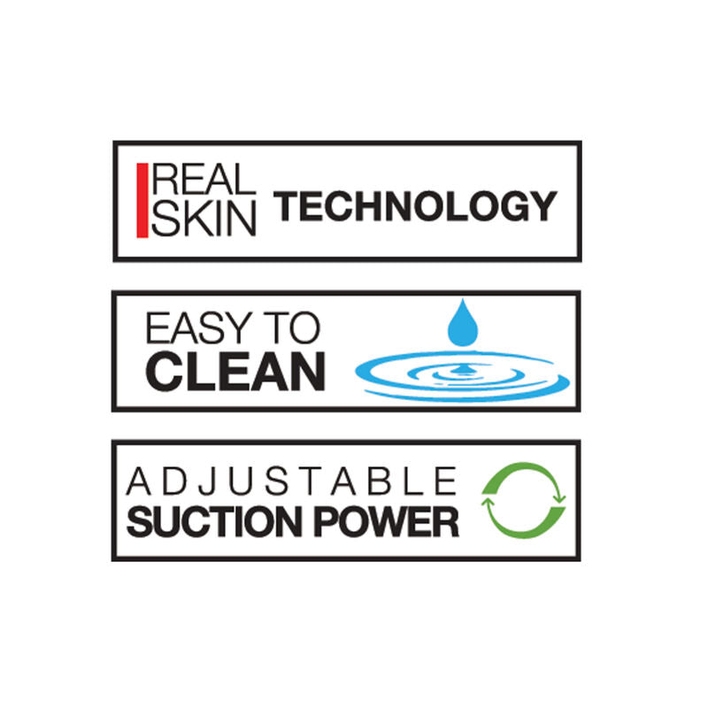 Real Skin Technology, Easy to Clean, Adjustable Suction Power icons for product features.