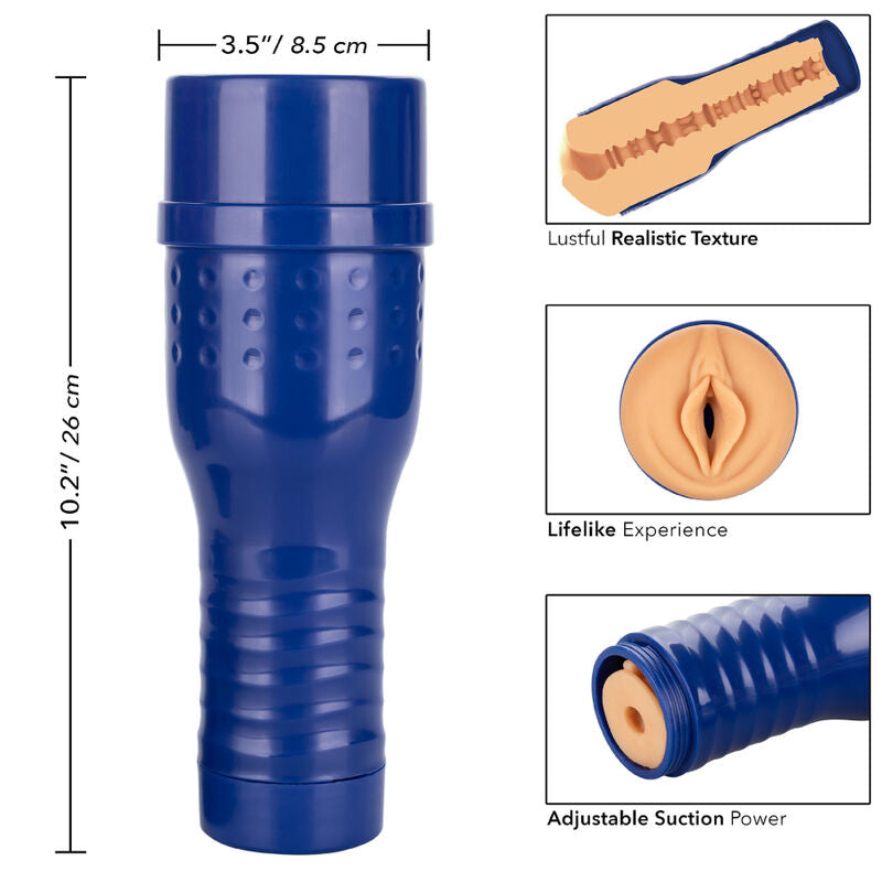 Blue Shona River Pussy Masturbator with realistic texture and adjustable suction, dimensions shown.