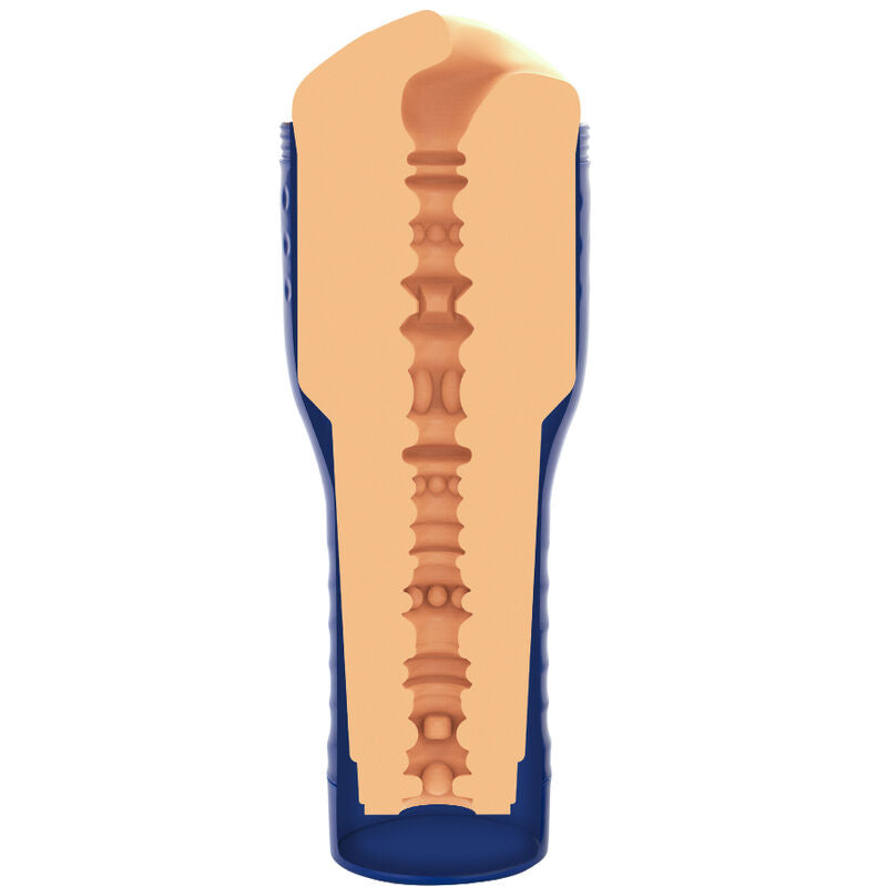 Realistic Shona River Pussy Masturbator with textured interior and blue casing for enhanced stimulation.