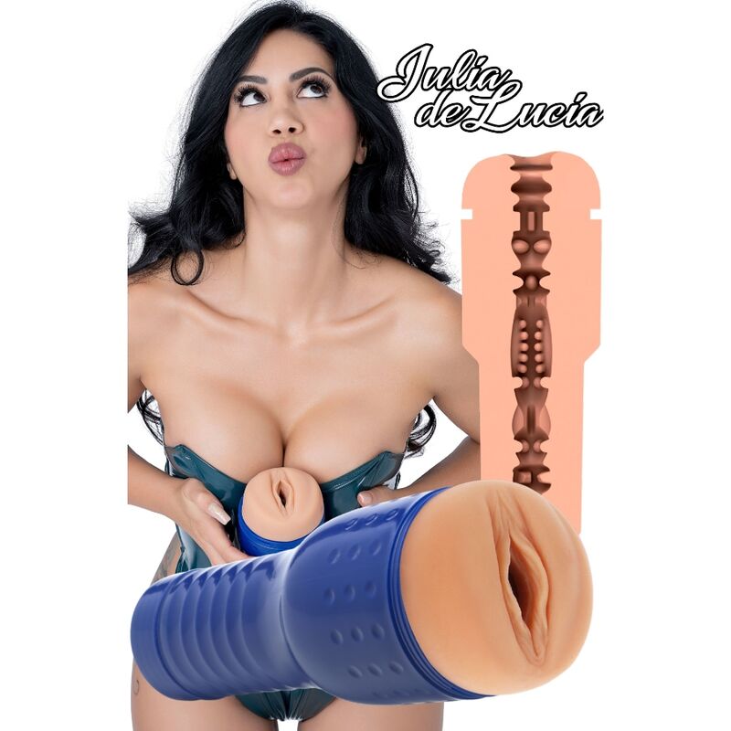 Realistic Julia de Lucia masturbator with ribbed interior and lifelike design for enhanced pleasure and realistic experience.