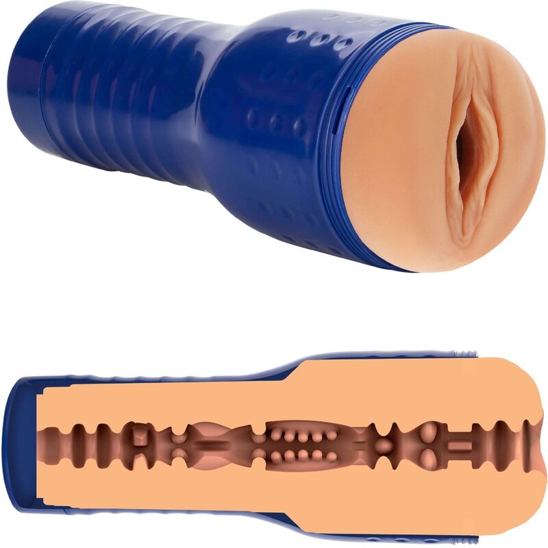 Realistic blue masturbator with ribbed interior and lifelike opening for enhanced pleasure.