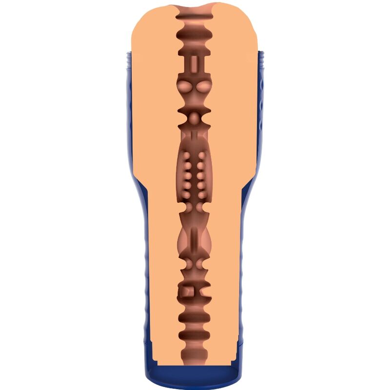Cutaway view of a realistic porn star masturbator showing textured internal sleeve design for enhanced sensation.